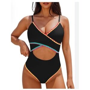Popvil Black Wrap Cutout One Piece Swimsuit neon Trim Size M NEW